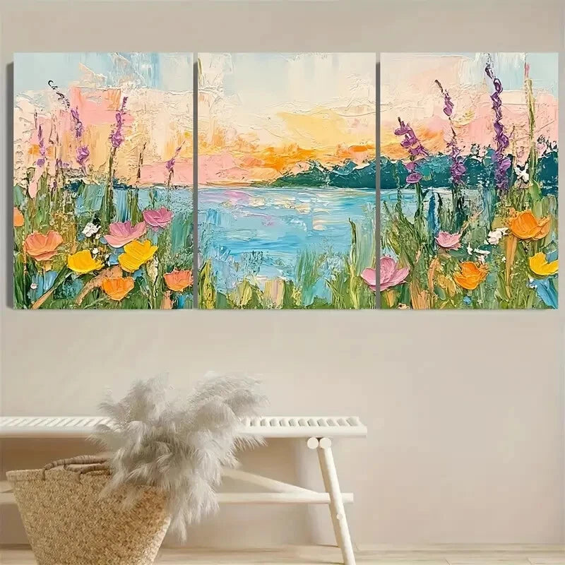 3pcs Vibrant Orange Flower Pink Lake Modern Metal Print Ready to Hang Art