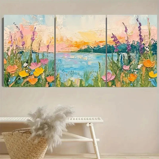 3pcs Vibrant Orange Flower Pink Lake Modern Metal Print Ready to Hang Art