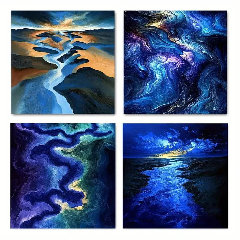 4pcsVibrant Blue & Purple Swirls Wall Art Canvas Framed