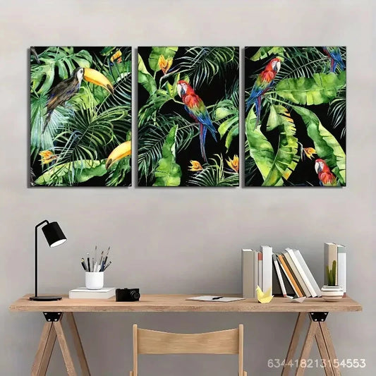 3pcs Leaves and Parrots Animal and Plant Poster Metal Print Ready to Hang Art