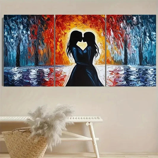 3pcs Vibrant Kissing Couple Love Illustration Metal Print Ready to Hang Art