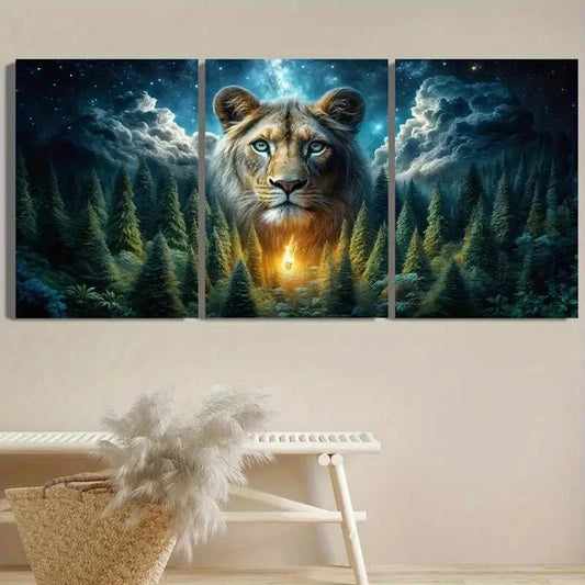 3pcs Majestic Lion with Glowing Light Forest Metal Print Ready to Hang Art