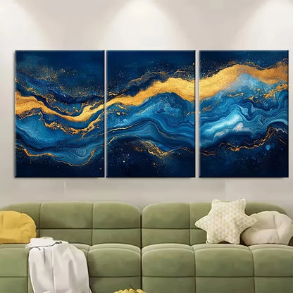 3pcs Ocean Inspired Blue Golden Marbleled Metal Print Ready to Hang Art
