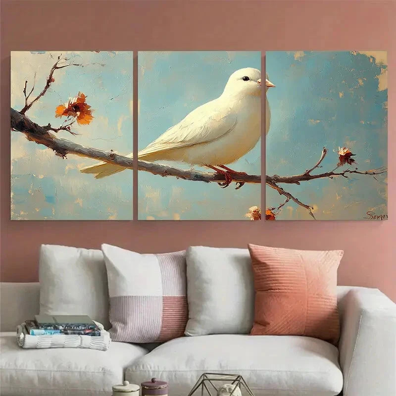 3pcs White Pigeon Bird on the Branch Metal Print Ready to Hang Art