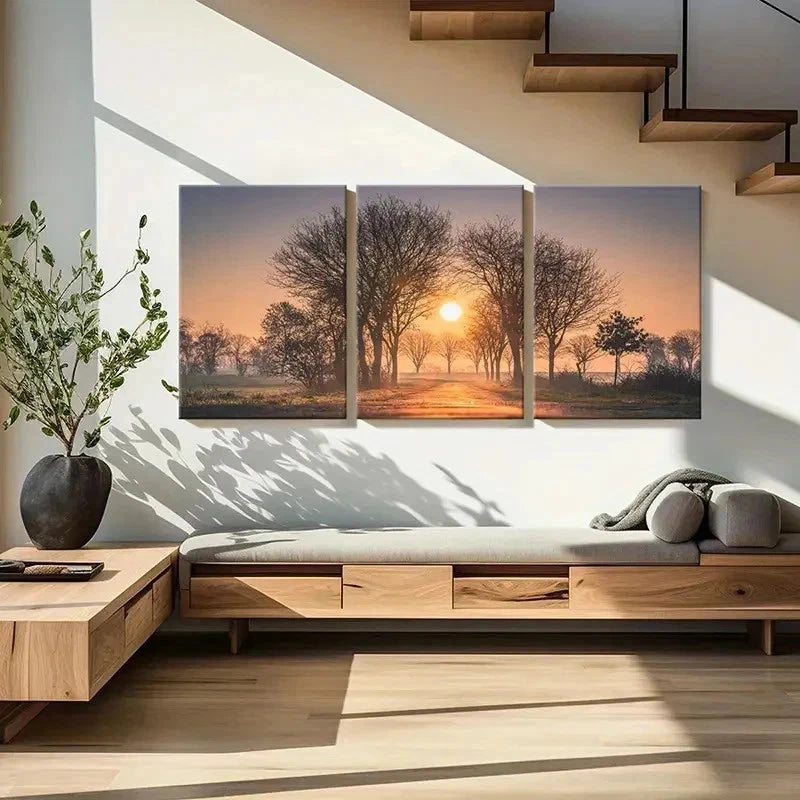 3pcs Sunset Through Trees Painting Wall Art Set Canvas Framed 40x60cm - High Quality Print 100% Australian Made Wall Canvas Ready to Hang
