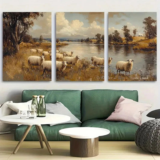 3pcs Sheep Grazing By The River Metal Print Ready to Hang Art