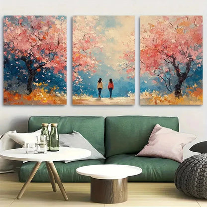 3pcs Girls Walking Under Blooming Trees Metal Print Ready to Hang Art