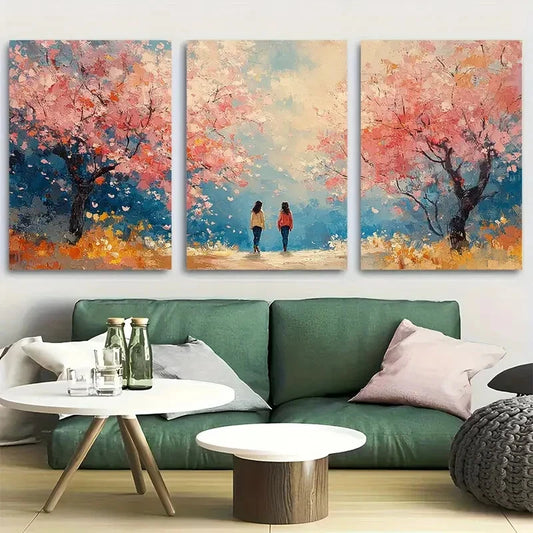 3pcs Girls Walking Under Blooming Trees Metal Print Ready to Hang Art