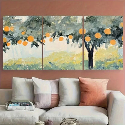 3pcs Lush Greenery and Golden Orange Orchard Scene Metal Print Ready to Hang Art