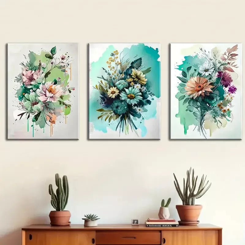 3pcs watercolor wild flowers, fashionable floral Wall Art Set Canvas Framed 40x60cm - High Quality Print 100% Australian Made Wall Canvas Ready to Hang