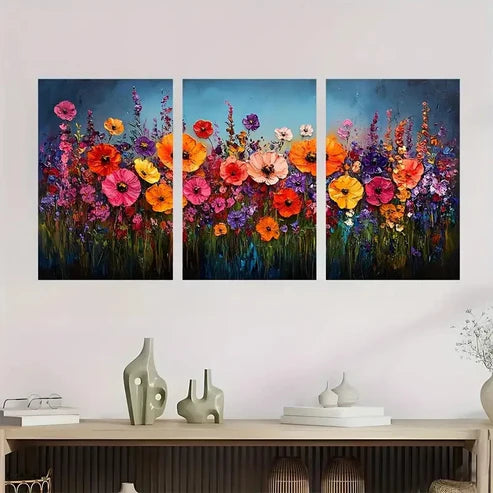 3pcs Colorful Field of Blooming Flowers Perfect Wall Art Set Canvas Unframed - High Quality Print 100% Australian Made Wall Canvas