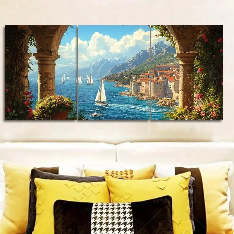 3pcs Mediterranean Coastal View From The Arches Wall Art Set Canvas Framed 50x70cm - High Quality Print 100% Australian Made Wall Canvas Ready to Hang