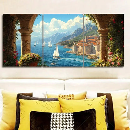 3pcs Mediterranean Coastal View From The Arches Wall Art Set Canvas Framed 50x70cm - High Quality Print 100% Australian Made Wall Canvas Ready to Hang