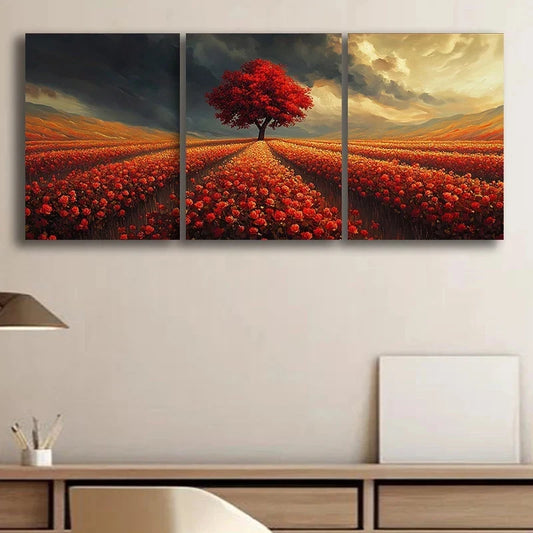 3pcs Large Rose Field Design Luxurious Metal Print Ready to Hang Art