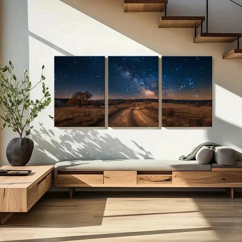 3pcs Night Scene Road Under The Star Wall Art Set Canvas Framed 40x60cm - High Quality Print 100% Australian Made Wall Canvas Ready to Hang