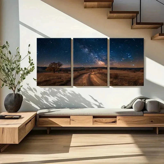 3pcs Night Scene Road Under The Star Wall Art Set Canvas Framed 40x60cm - High Quality Print 100% Australian Made Wall Canvas Ready to Hang