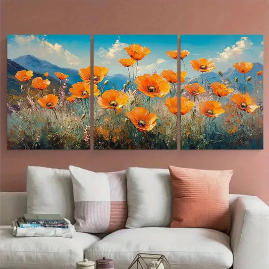 3pcs Vibrant California Poppy Flowers Landscape Metal Print Ready to Hang Art
