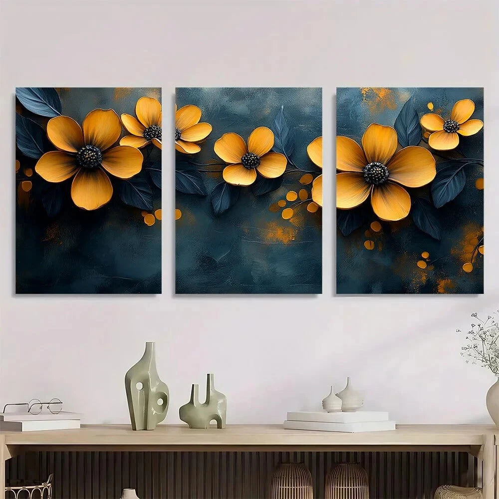 3pcs Vibrant Yellow & Gray Floral Metal Print Ready to Hang Art
