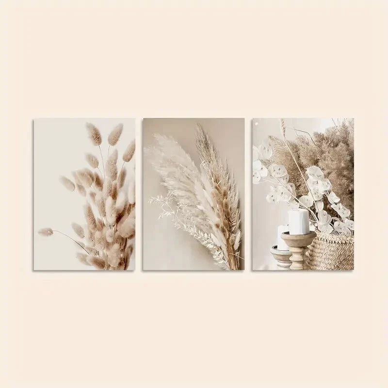 3pcs Pampas Grass & Reed Leaves Botanical Metal Print Ready to Hang Art