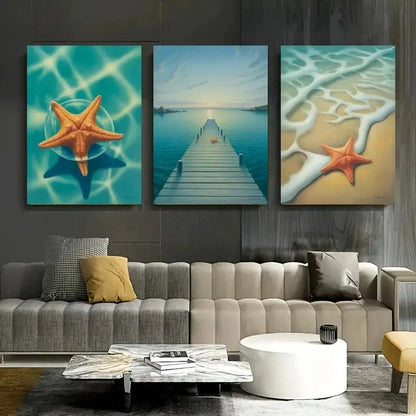 3pcs Ocean View with Blue Tides & Sandy Shoreline Metal Print Ready to Hang Art
