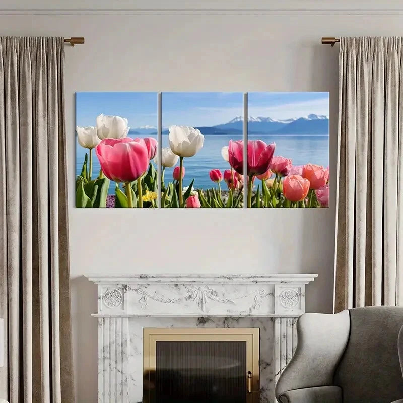 3pcs Spring Tulips By The Lake Mountain View Metal Print Ready to Hang Art
