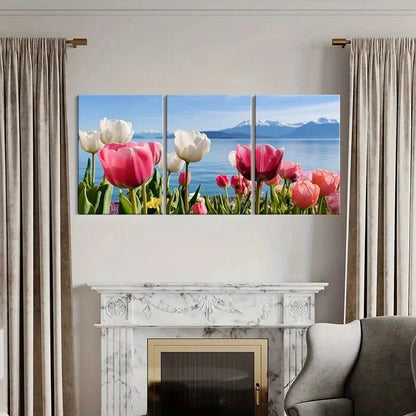 3pcs Spring Tulips By The Lake Mountain View Metal Print Ready to Hang Art