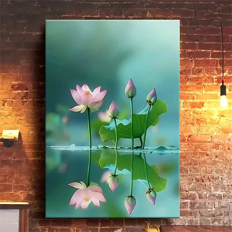 Lotus Reflection Oil Painting  Metal Print Ready to Hang