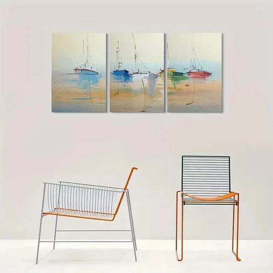 3pcs Abstract Watercolor Boats Triptych Metal Print Ready to Hang Art