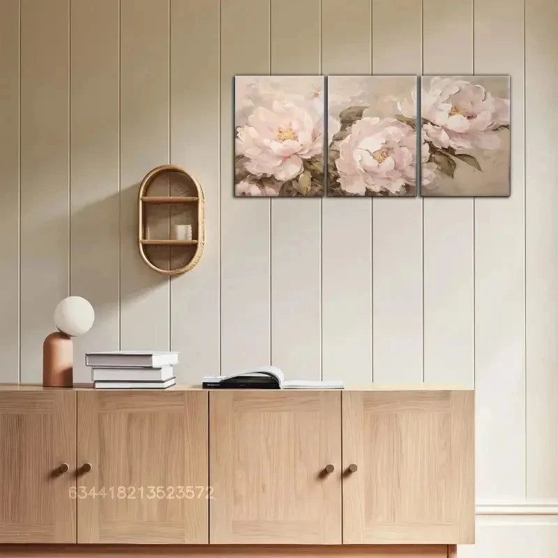 3pcs Pink & White Flowers with Green Leaves Metal Print Ready to Hang Art