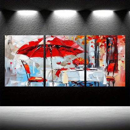 3pcs Vibrant Red Umbrella Illustration Metal Print Ready to Hang Art