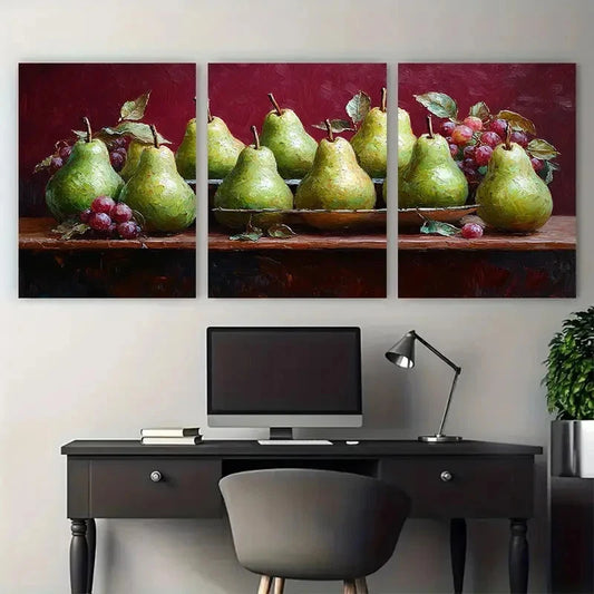 3pcs Life of Green Pears on a Maroon Background Wall Art Set Canvas Framed 40x60cm - High Quality Print 100% Australian Made Wall Canvas Ready to Hang