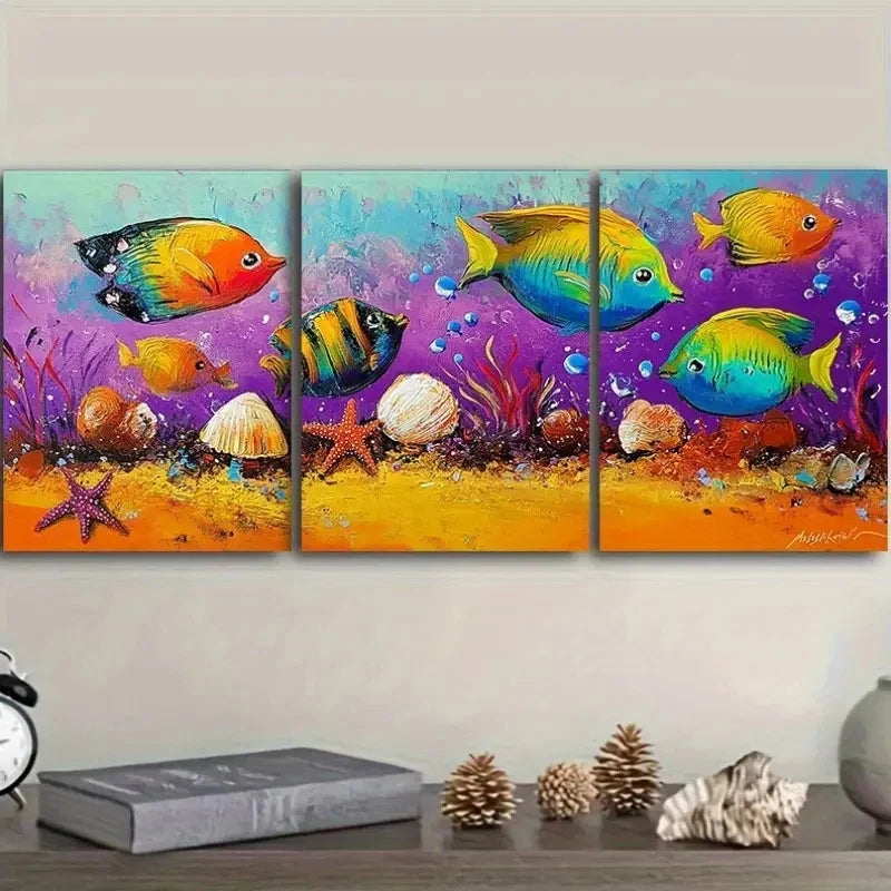 3pcs Underwater Swimming Fish Metal Print Ready to Hang Art