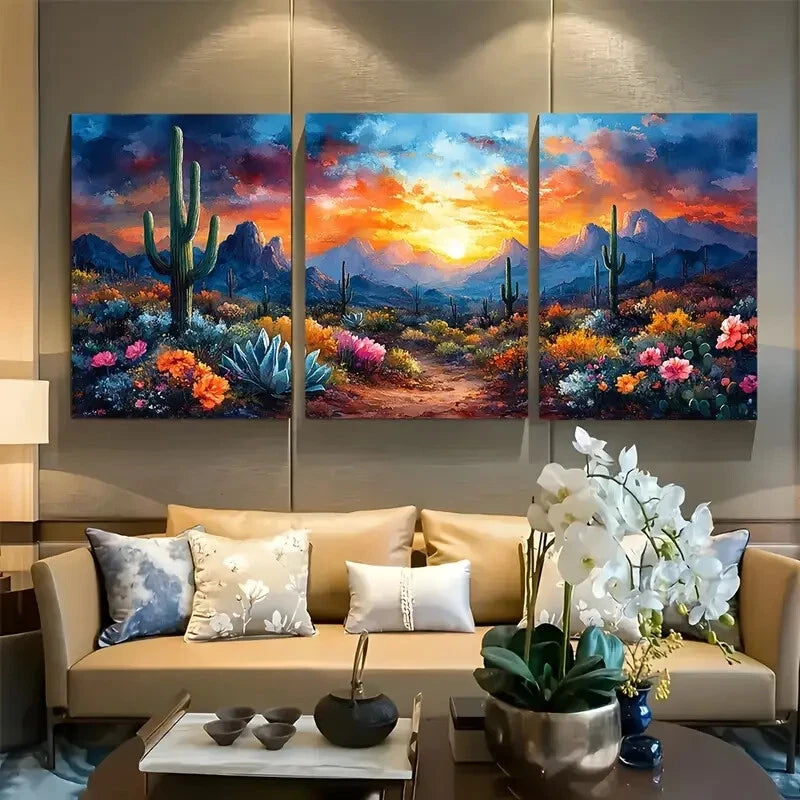 3pcs Blooming Cactus Garden Joyful Desert Metal Print Ready to Hang Art