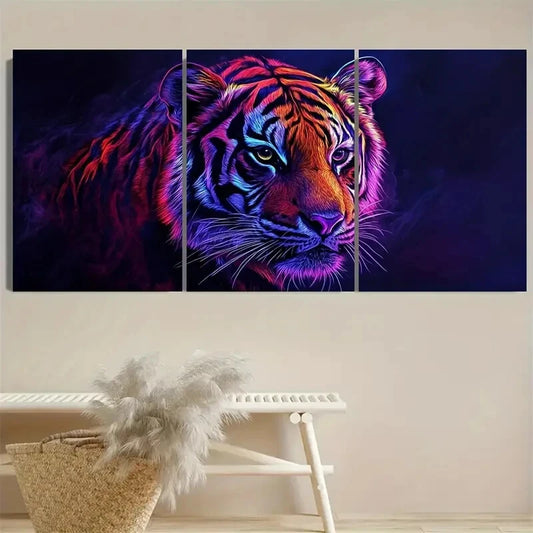 3pcs Neon Tiger Glowing Animal Jungle Wildlife Metal Print Ready to Hang Art