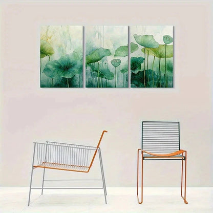 3pcs Vibrant Green Botanical Lotus Metal Print Ready to Hang Art