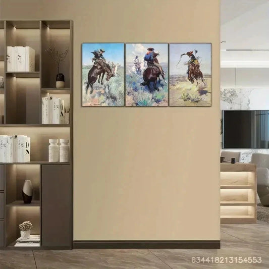 3pcs A Cowboy on Horseback A Cool Horse Rider Metal Print Ready to Hang Art