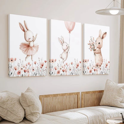 3pcs Pink Bunny with Wildflowers Wall Art Set Canvas Framed 60x90cm – High Quality Print, 100% Australian Made Wall Canvas, Ready to Hang