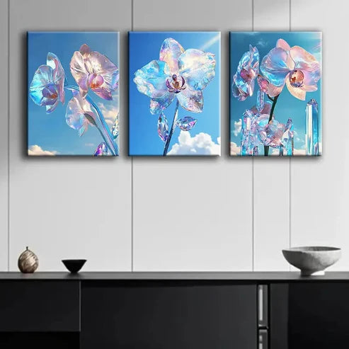 3pcs Glass Orchid Glittering Petals Perfect Wall Art Set Canvas Unframed - High Quality Print 100% Australian Made Wall Canvas
