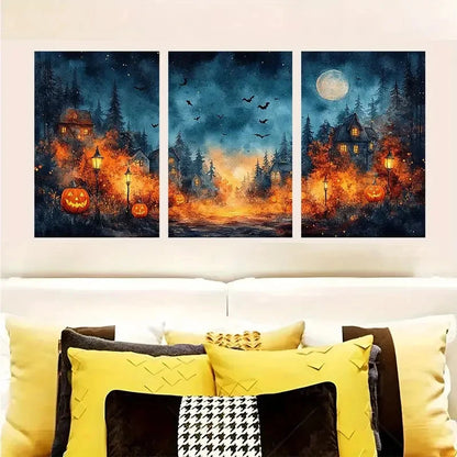 3pcs Halloween Lamp Bat and House Scenery Metal Print Ready to Hang Art
