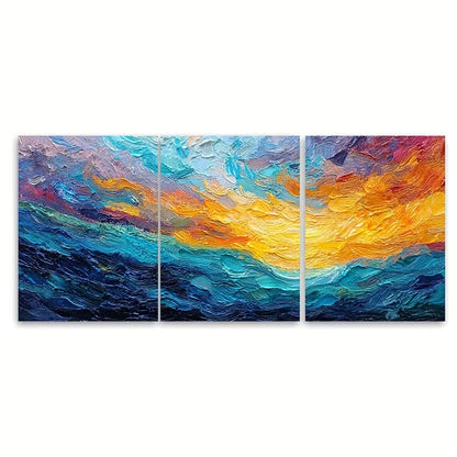 3pcs Abstract Sunrise Ocean Oil Painting Metal Print Ready to Hang Art