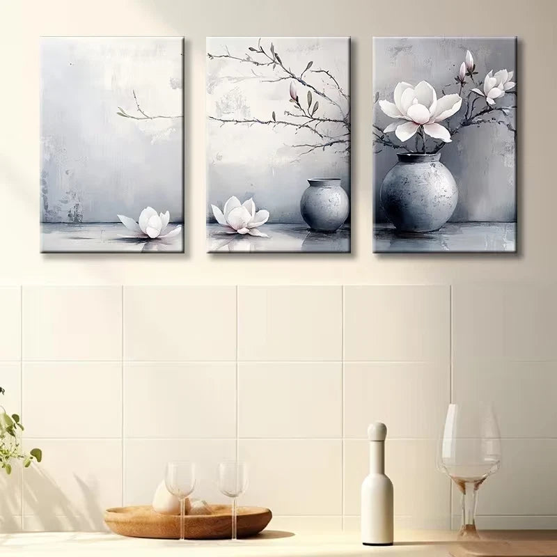 3pcs Magnolia flowers and Vases Wall Art Set Canvas Framed 50x70cm - High Quality Print 100% Australian Made Wall Canvas Ready to Hang