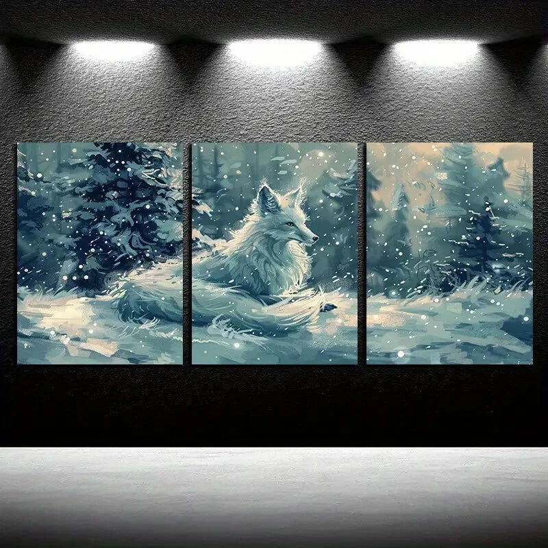 3pcs White Fox Snowy Forest Scene, Modern Wildlife Metal Print Ready to Hang Art