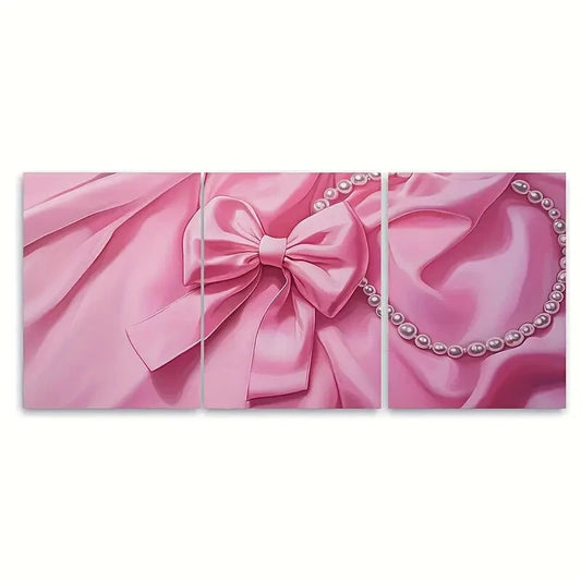 3pcs Pink Bow and Pearl Illustration Coquette Metal Print Ready to Hang Art