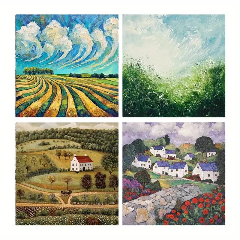 4pcs Golden Yellow Art Prints, Field Wall Art Canvas Framed