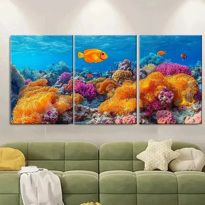 3pcs Underwater Paradise with Marine Life NJ Wall Art Set Canvas Framed 60x90cm - High Quality Print 100% Australian Made Wall Canvas Ready to Hang