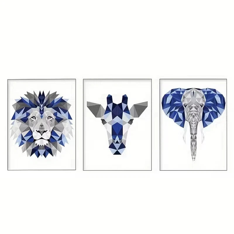 3pcs Navy Blue and Gray Giraffe Lion Elephant Wall Art Set Canvas Framed 60x90cm - High Quality Print 100% Australian Made Wall Canvas Ready to Hang
