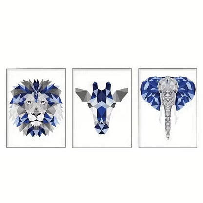 3pcs Navy Blue and Gray Giraffe Lion Elephant Wall Art Set Canvas Framed 60x90cm - High Quality Print 100% Australian Made Wall Canvas Ready to Hang