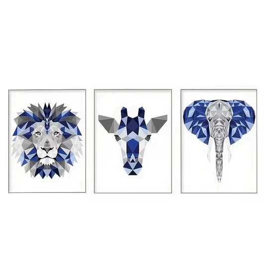 3pcs Navy Blue and Gray Giraffe Lion Elephant Wall Art Set Canvas Framed 60x90cm - High Quality Print 100% Australian Made Wall Canvas Ready to Hang