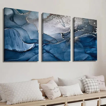 3pcs Abstract Blue and Golden Marble Texture Wall Art Set Canvas Unframed - High Quality Print 100% Australian Made Wall Canvas