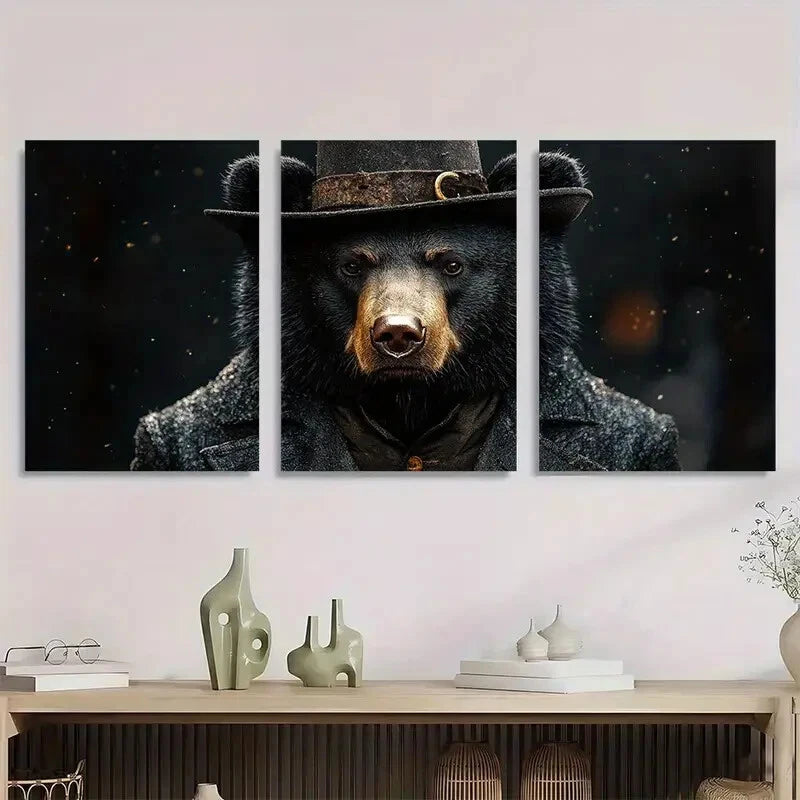 3pcs Charming Black Bear in Top Metal Print Ready to Hang Art